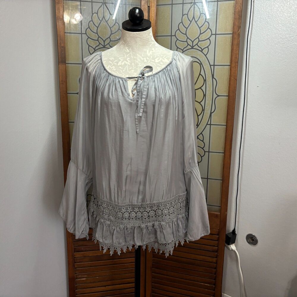 Le Marais Gray Silk Peasant Goth Grunge Boho Blouse Lined Long Sleeve Size S